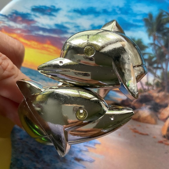 Metallic Silver dolphin fashion hinged bangle bracelet sea swimming mermaid - Picture 4 of 4